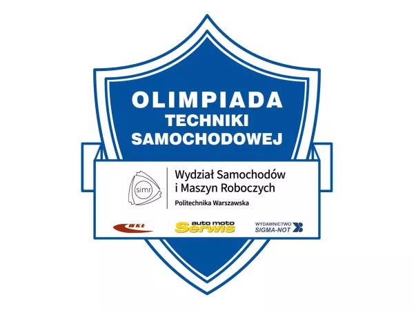 Logo Olimpiady Techniki Samochodowej stanowiące niebieską tarczę z logo organizatorów.