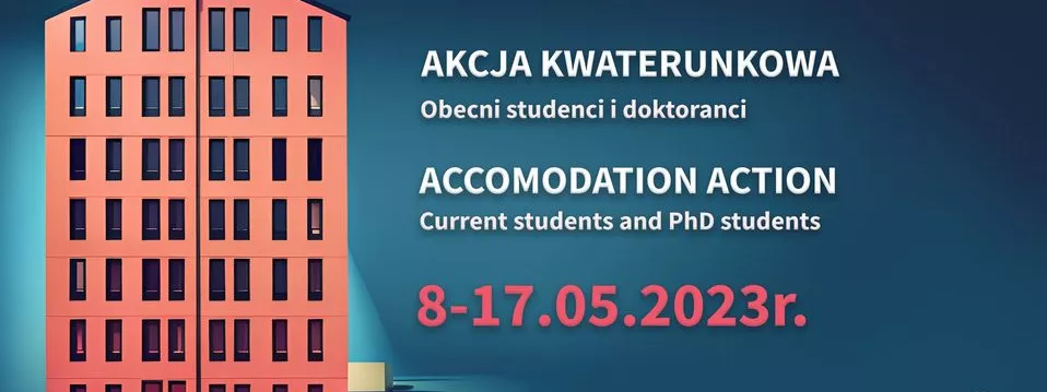 On the left, a tall red building, on the right, the inscriptions "Akcja Kwaterunkowa" and "Accomodation action"