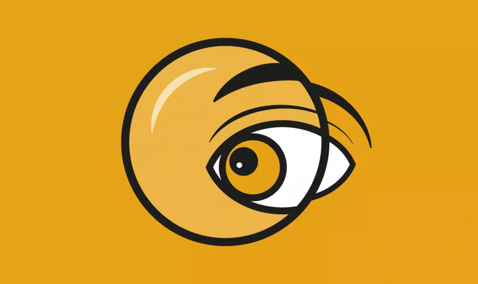 Grafika prezentująca oko za okrągłym szkiełkiem na żółtym tle