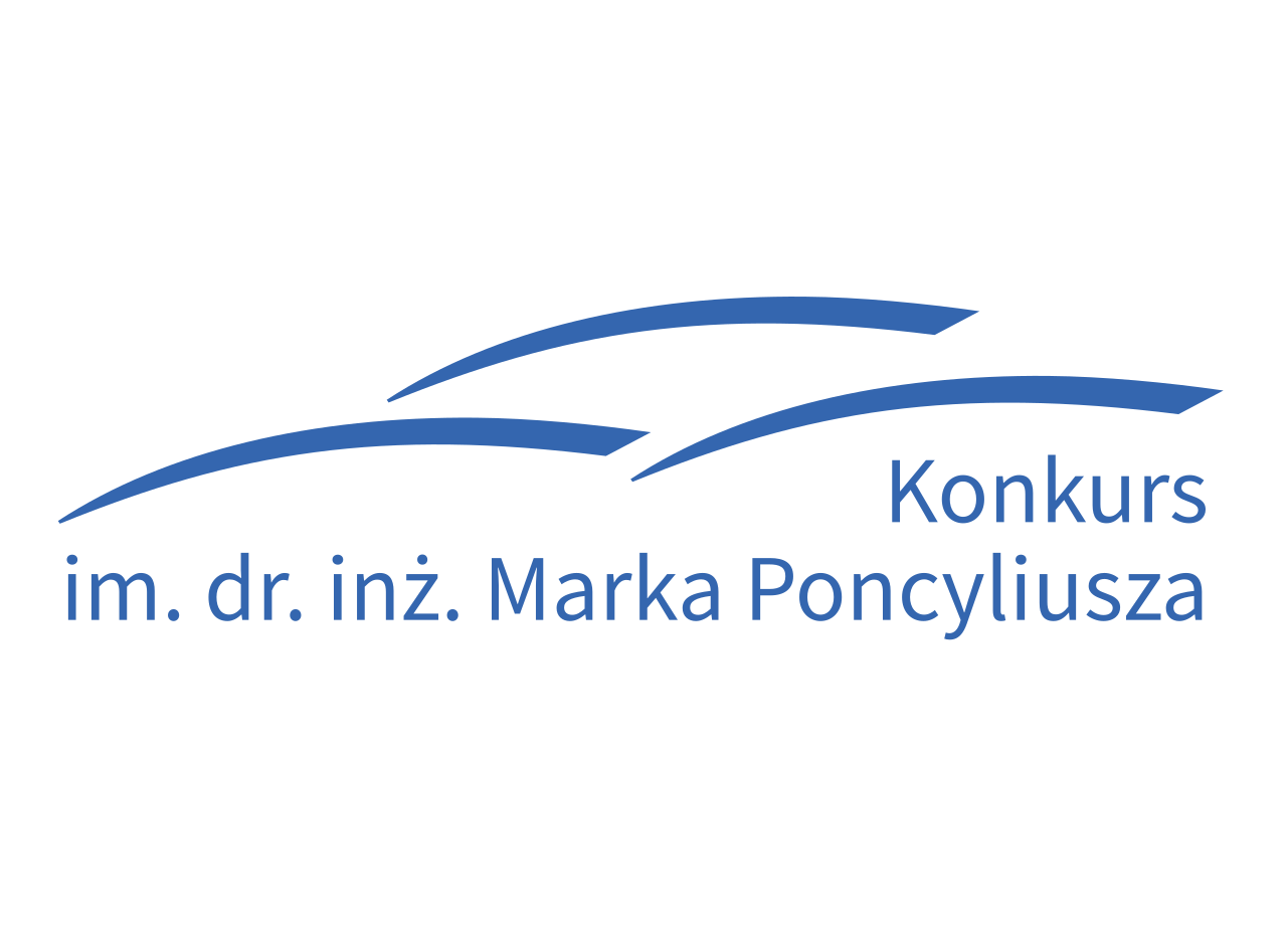 Stylizowany niebieskimi łukami zarys pojazdu i tekst na białym tle