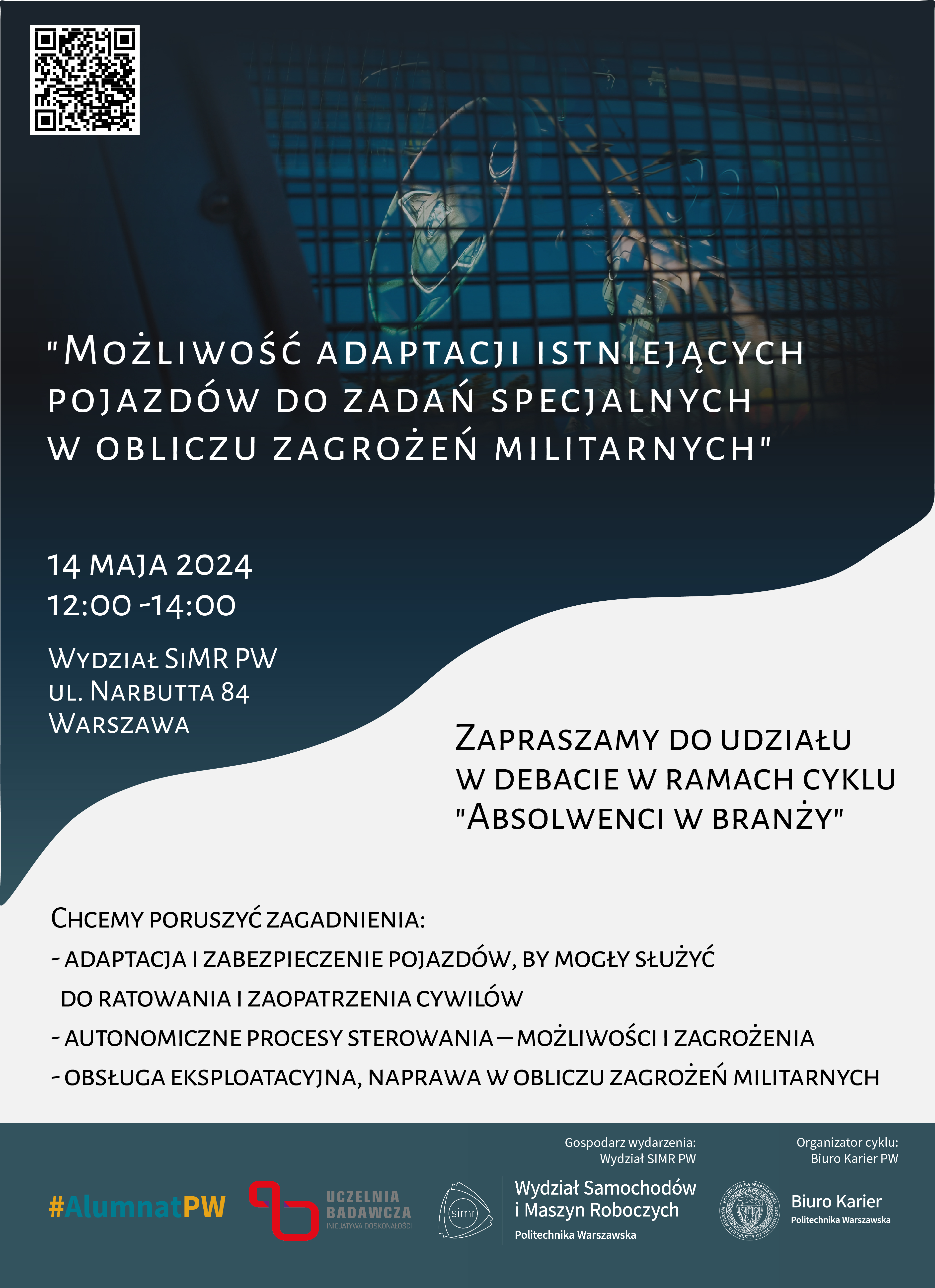 Plakat promujący debatę pt. "Możliwość adaptacji istniejących pojazdów do zadań specjalnych w obliczu zagrożeń militarnych"