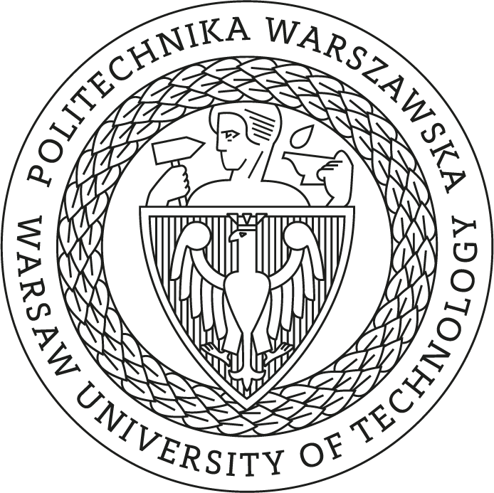 Okrągłe logo Politechniki Warszawskiej przedstawiające człowieka trzymającego młot i kaganek.