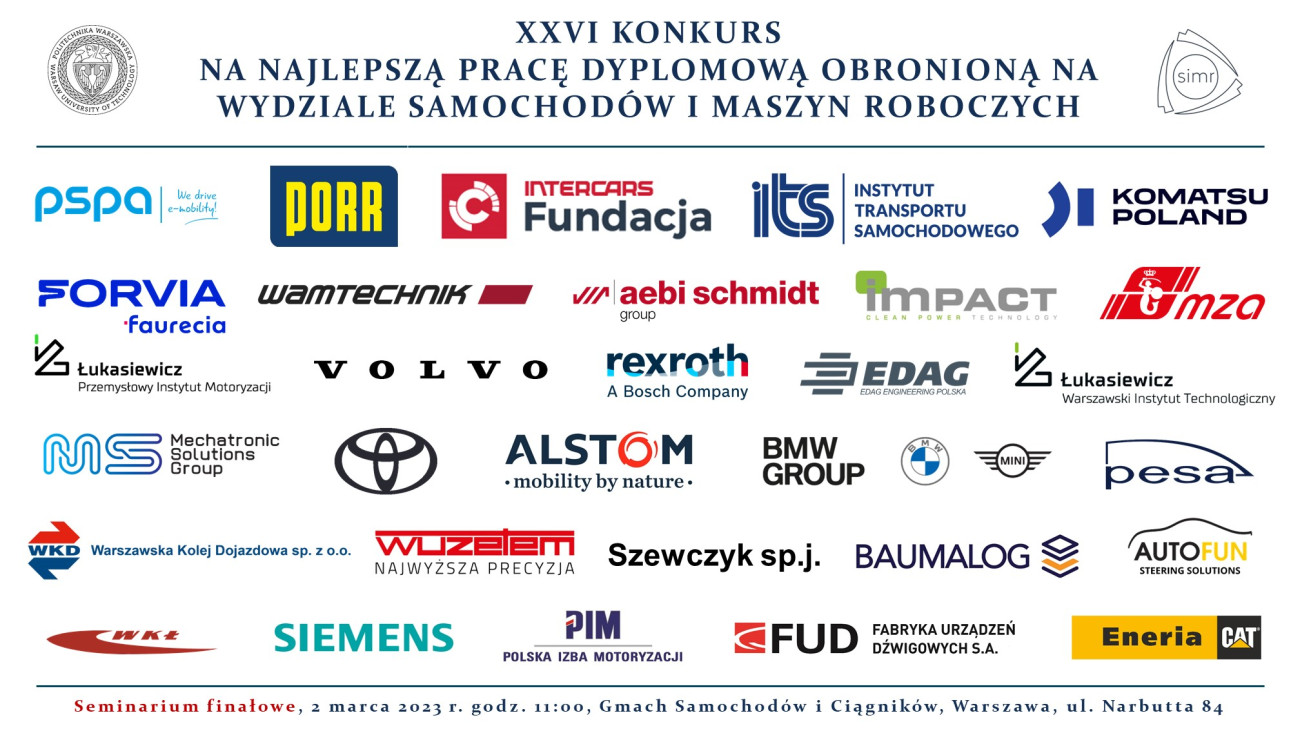 Plakat promujący finał konkursu na najlepszą pracę dyplomową, zawierający logotypy sponsorów.