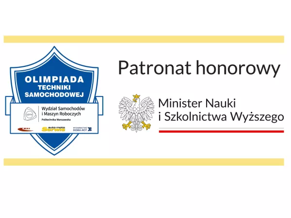 Logo Olimpiady Techniki Samochodowej stanowiące niebieską tarczę ze znakami organizatorów i patronatu honorowego