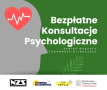 Plakat z białym napisem "Bezpłatne konsultacje psychologiczne" na szaro-zielonym tle.